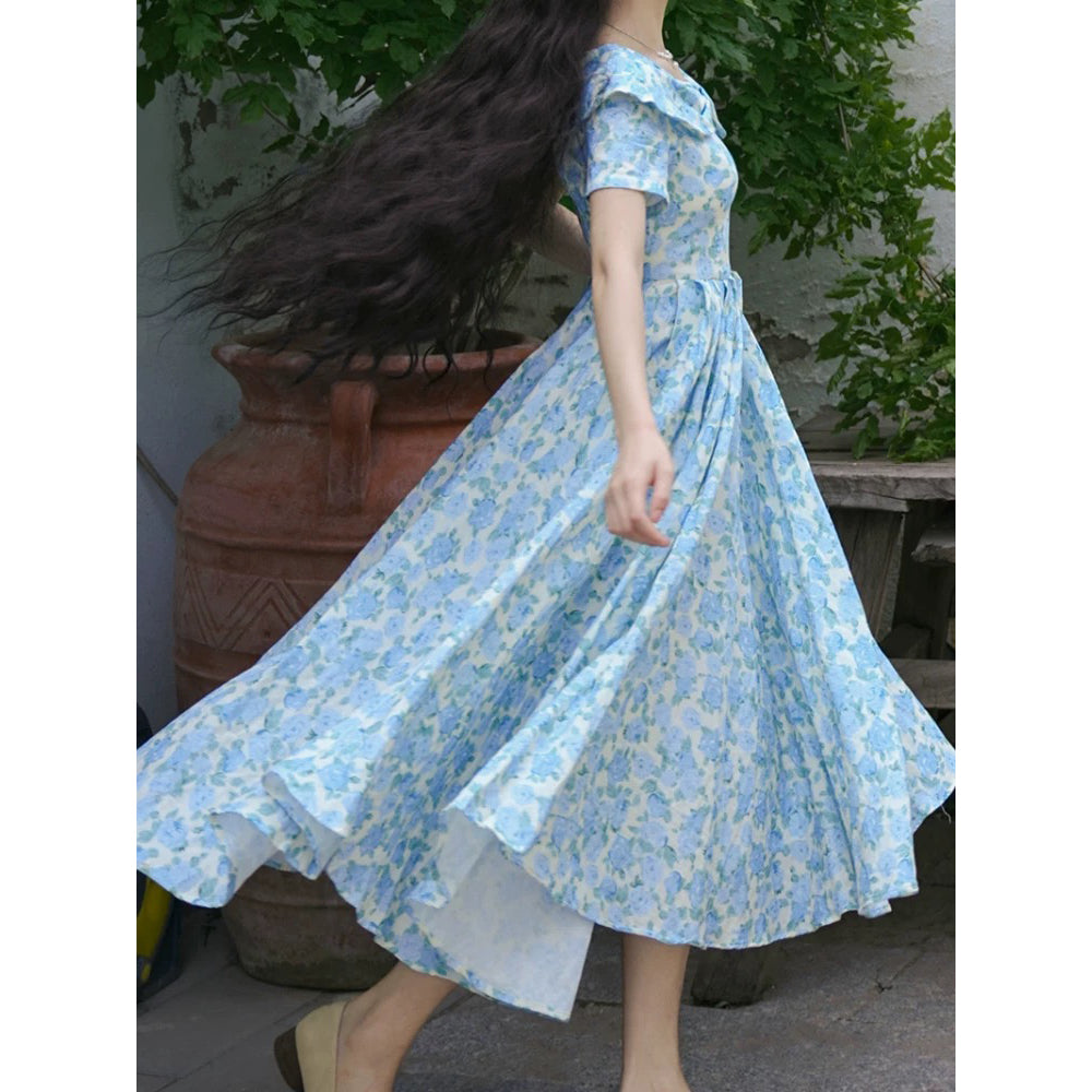 水縹の薔薇柄レトロワンピース
