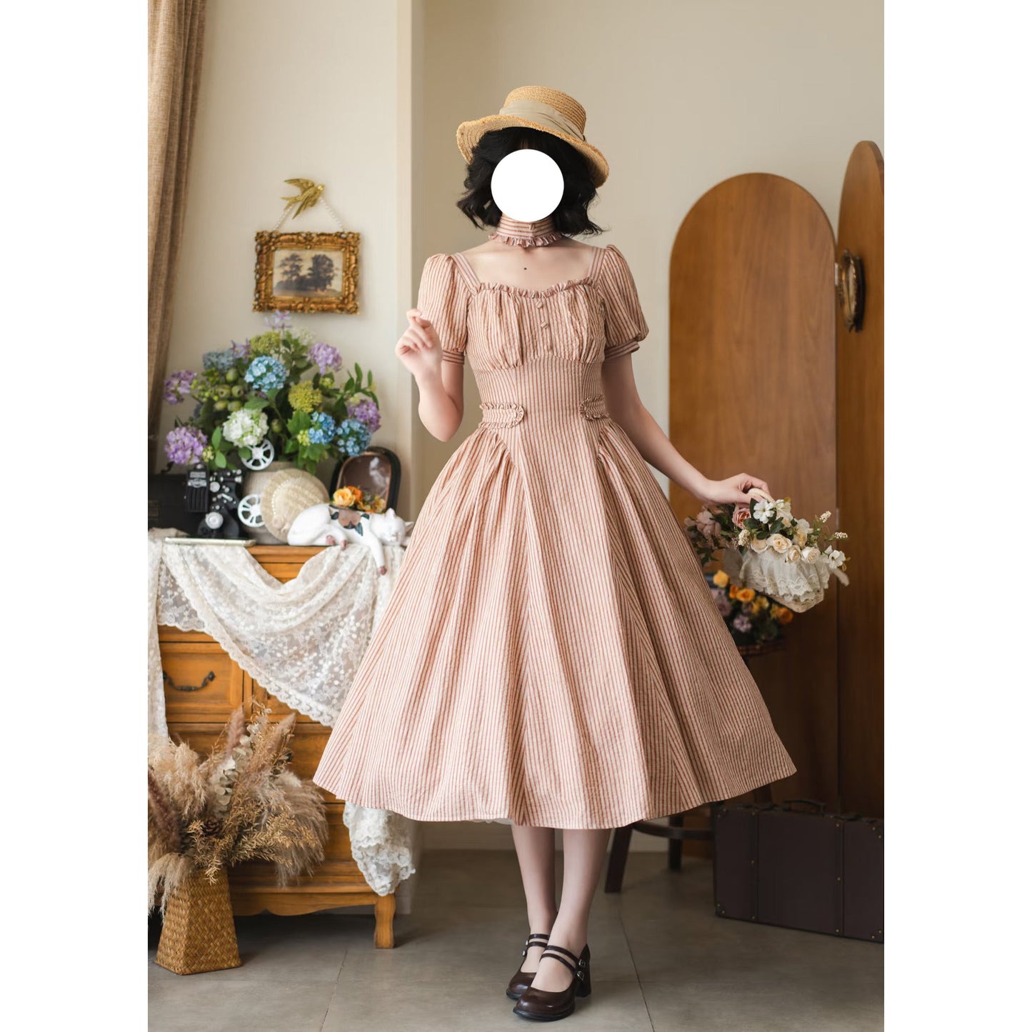 英国のお嬢様のクラシカルストライプワンピース - Carrot Orange