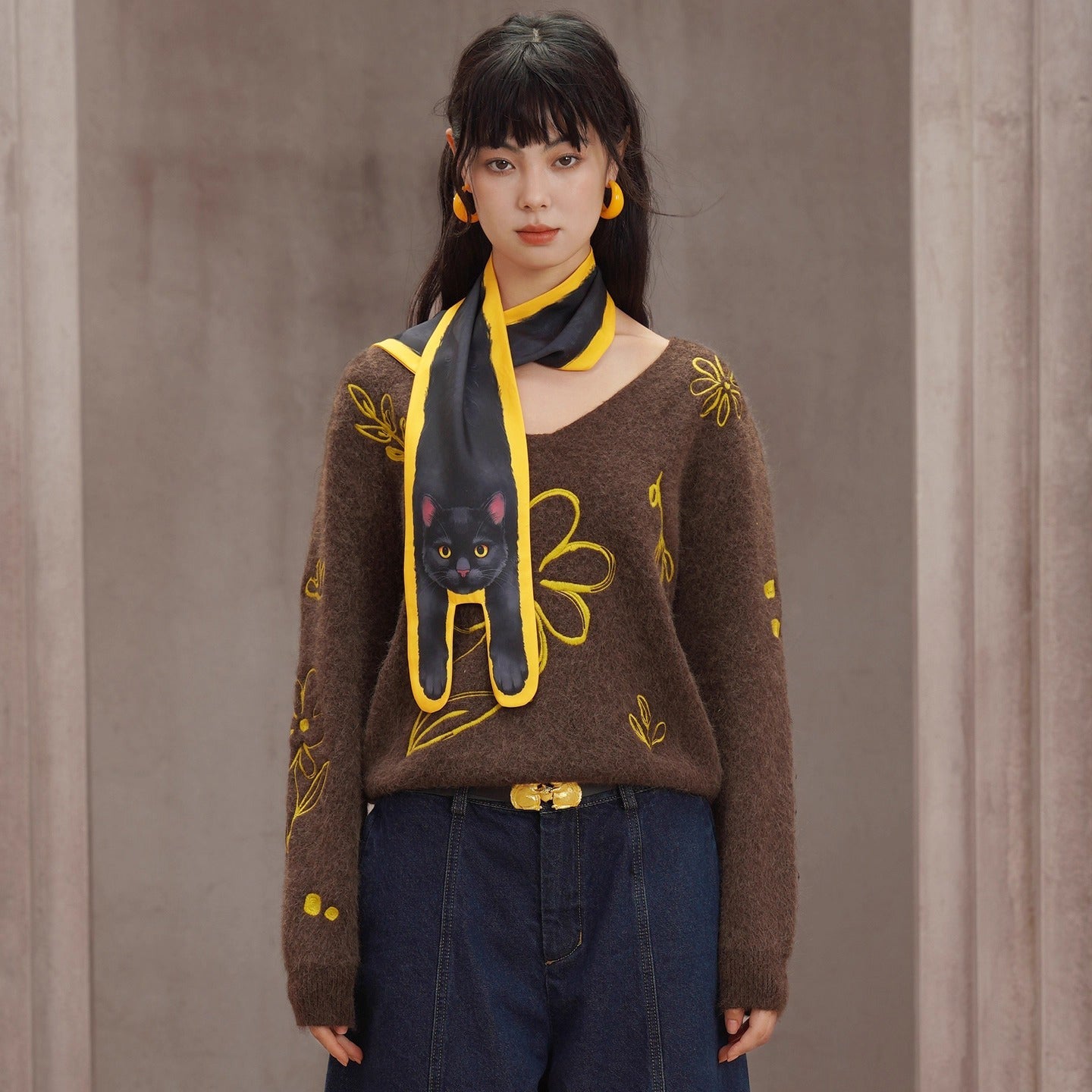 植物の刺繍ニットセーター