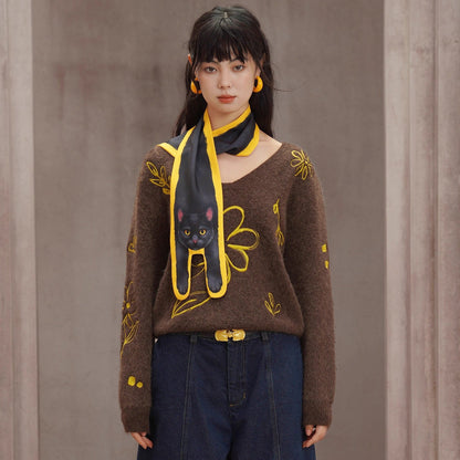 植物の刺繍ニットセーター