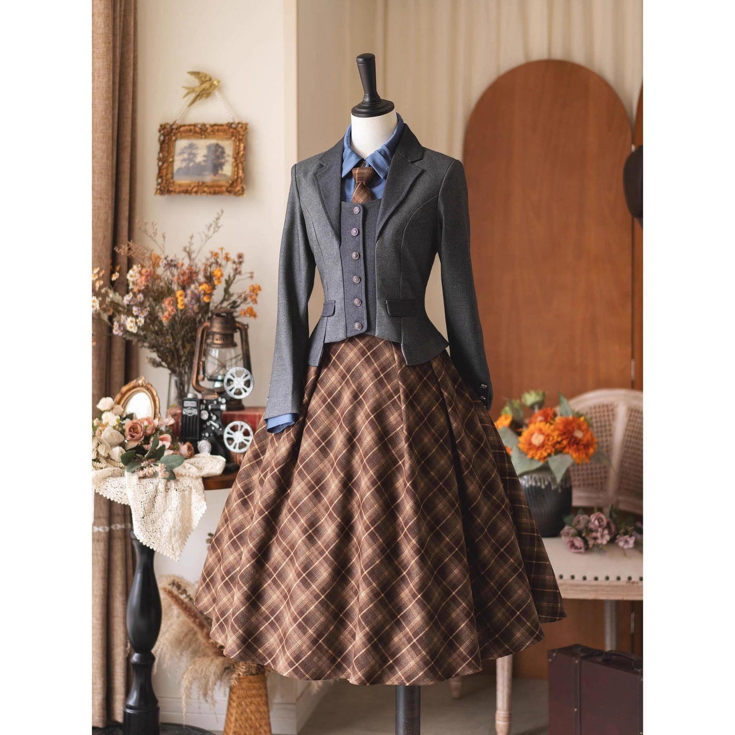 英国のお嬢様のクラシカルジャンパースカート - Brown Checked