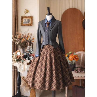 英国のお嬢様のクラシカルジャンパースカート - Brown Checked