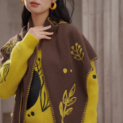 植物の刺繍ウールマフラー