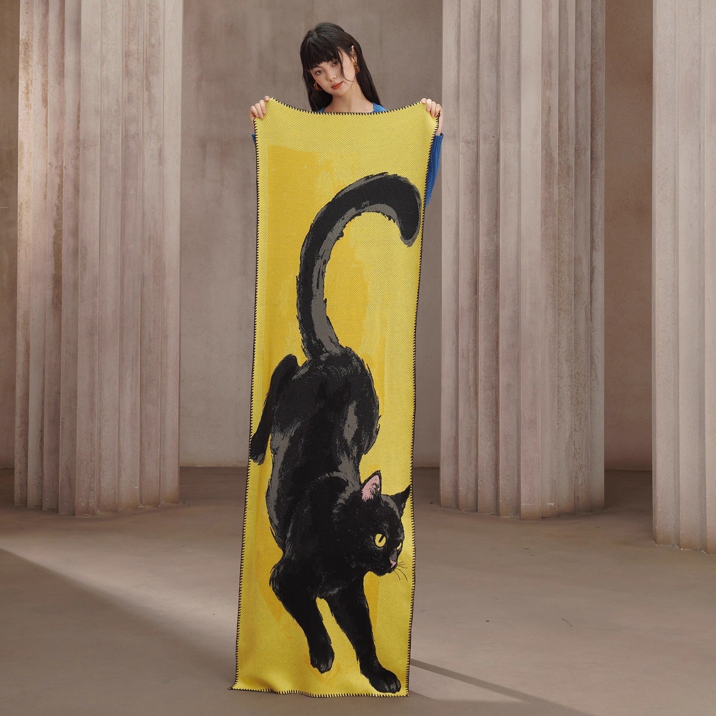 Kapital 黒猫　ネコ　デザイン ストール　キャピタル　縮絨　フリンジ Kapital 黒猫 ネコ デザイン ストール キャピタル 縮絨 フリンジ