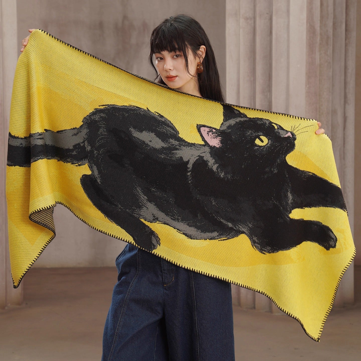 黒猫の挿絵ニットストール