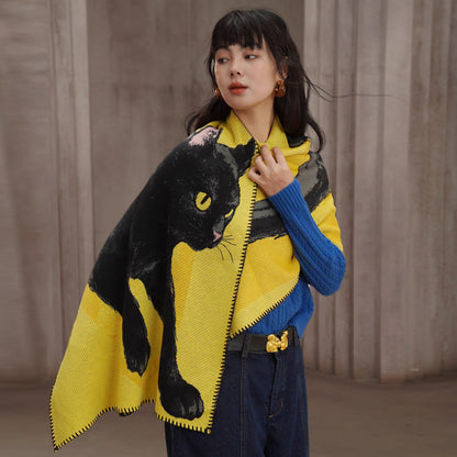 黒猫の挿絵ニットストール