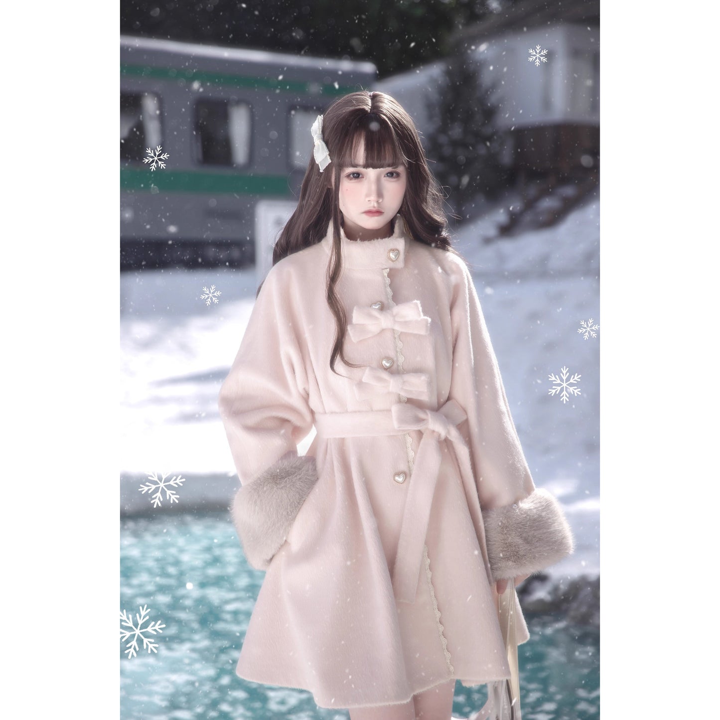 桜色のお嬢様のリボンファーウールコート