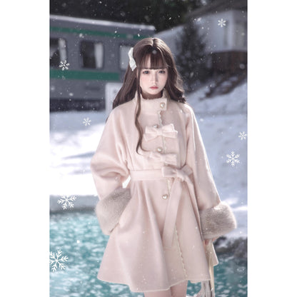 桜色のお嬢様のリボンファーウールコート