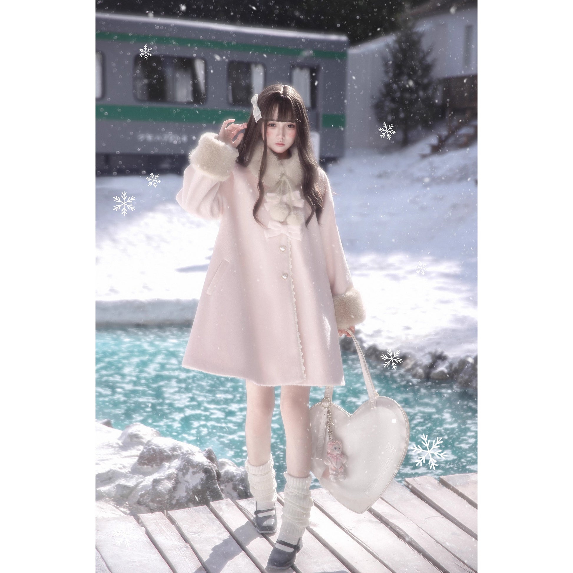 桜色のお嬢様のリボンファーウールコート