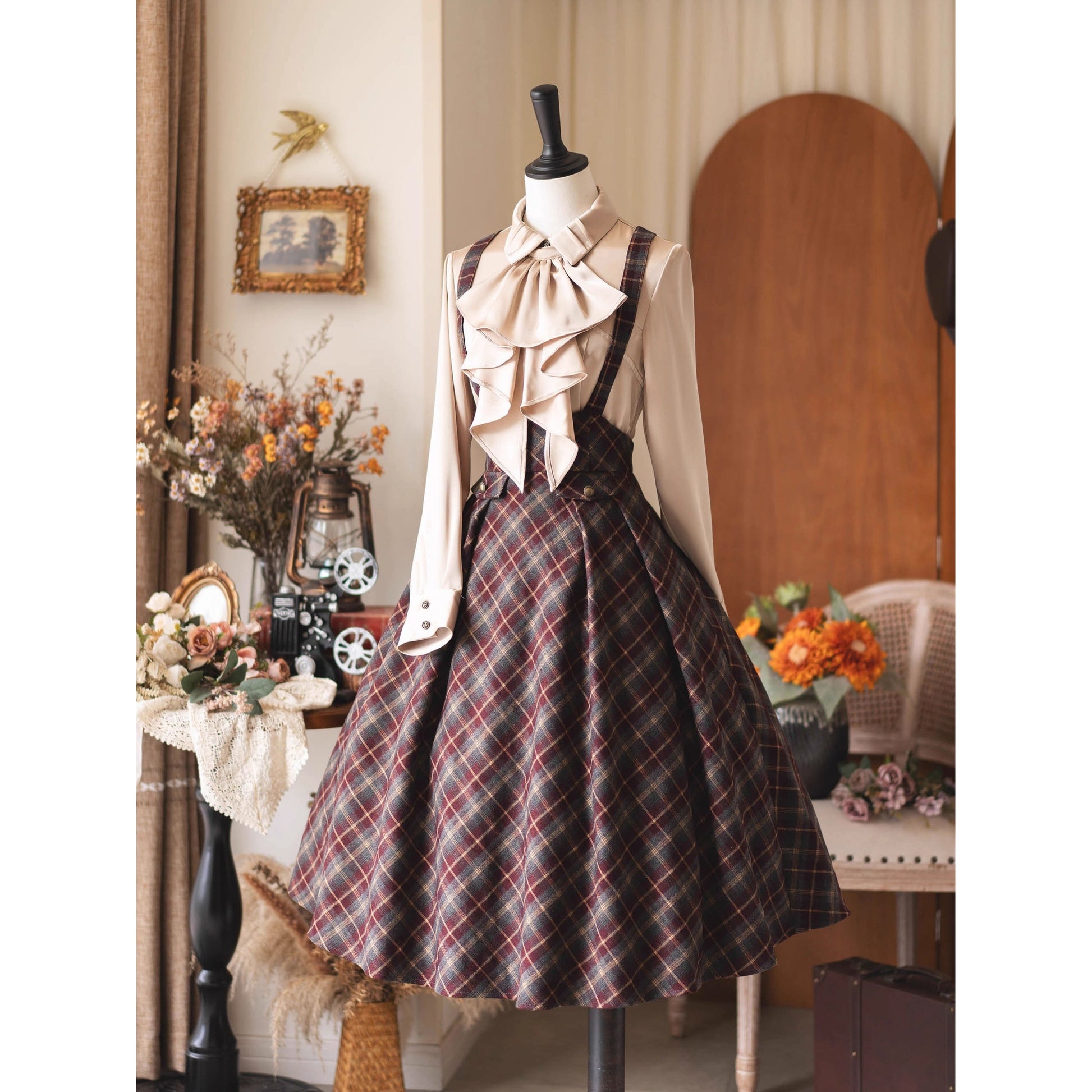 英国のお嬢様のクラシカルジャンパースカート - Burgundy Checked