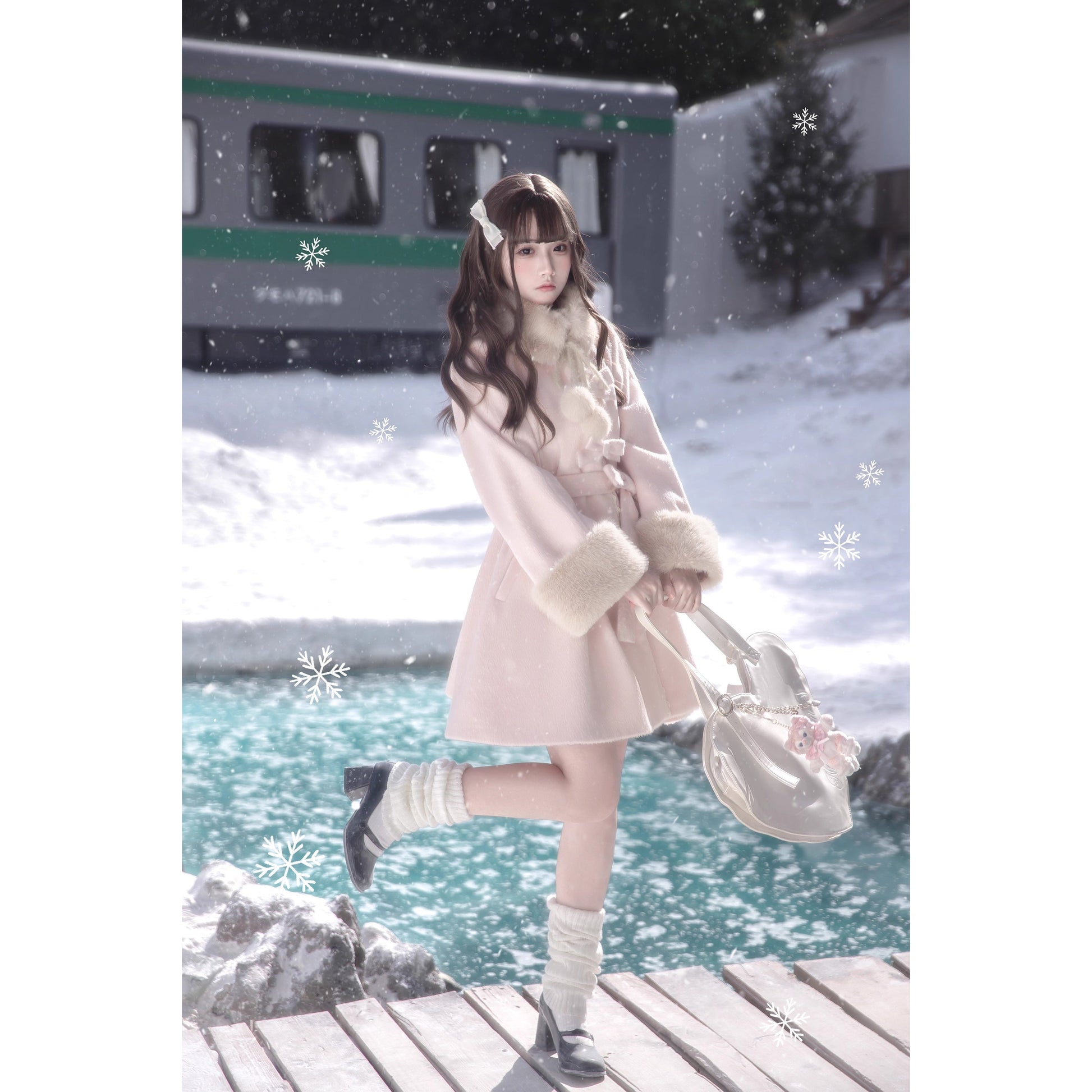 桜色のお嬢様のリボンファーウールコート