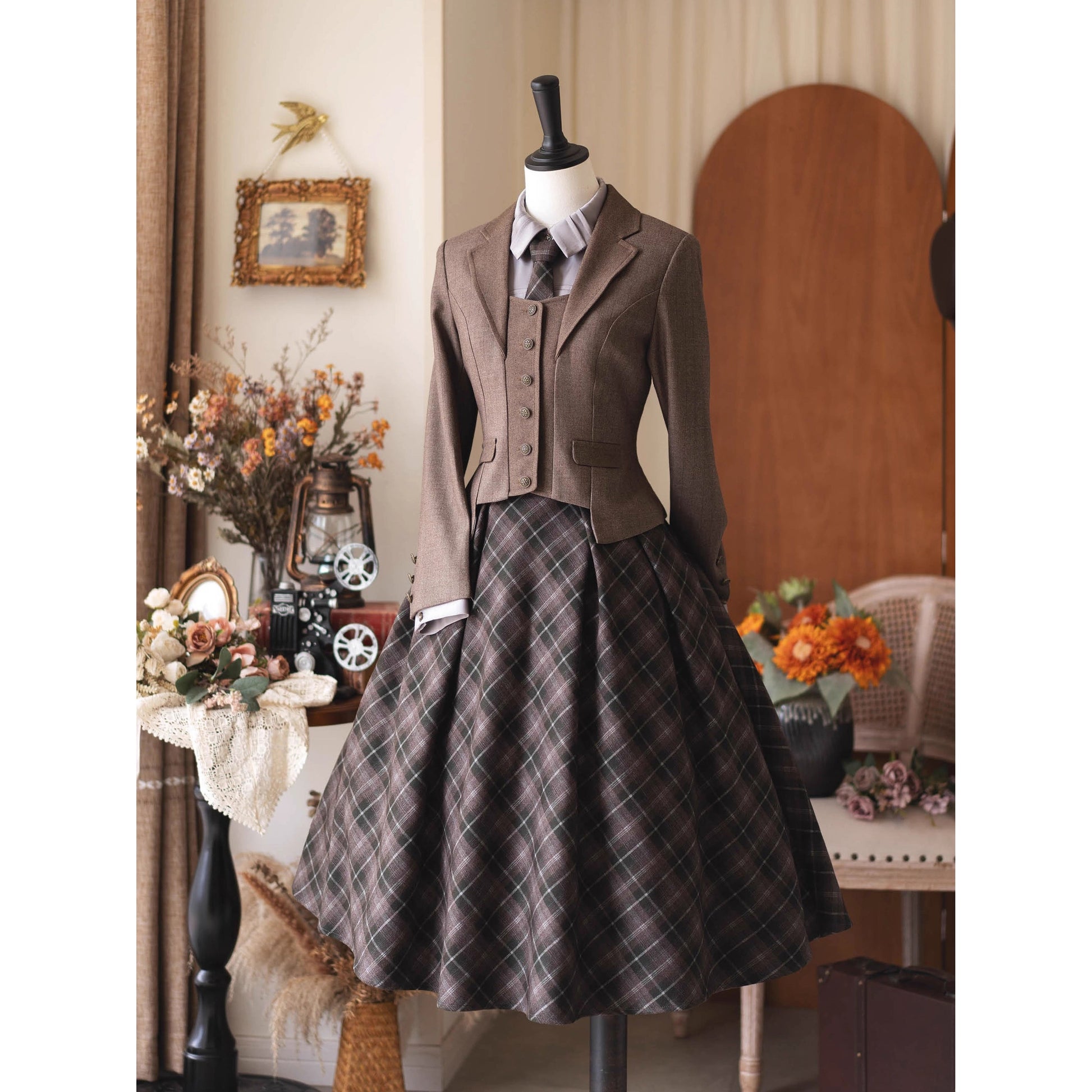 英国のお嬢様のクラシカルジャンパースカート - Olive Gray Checked