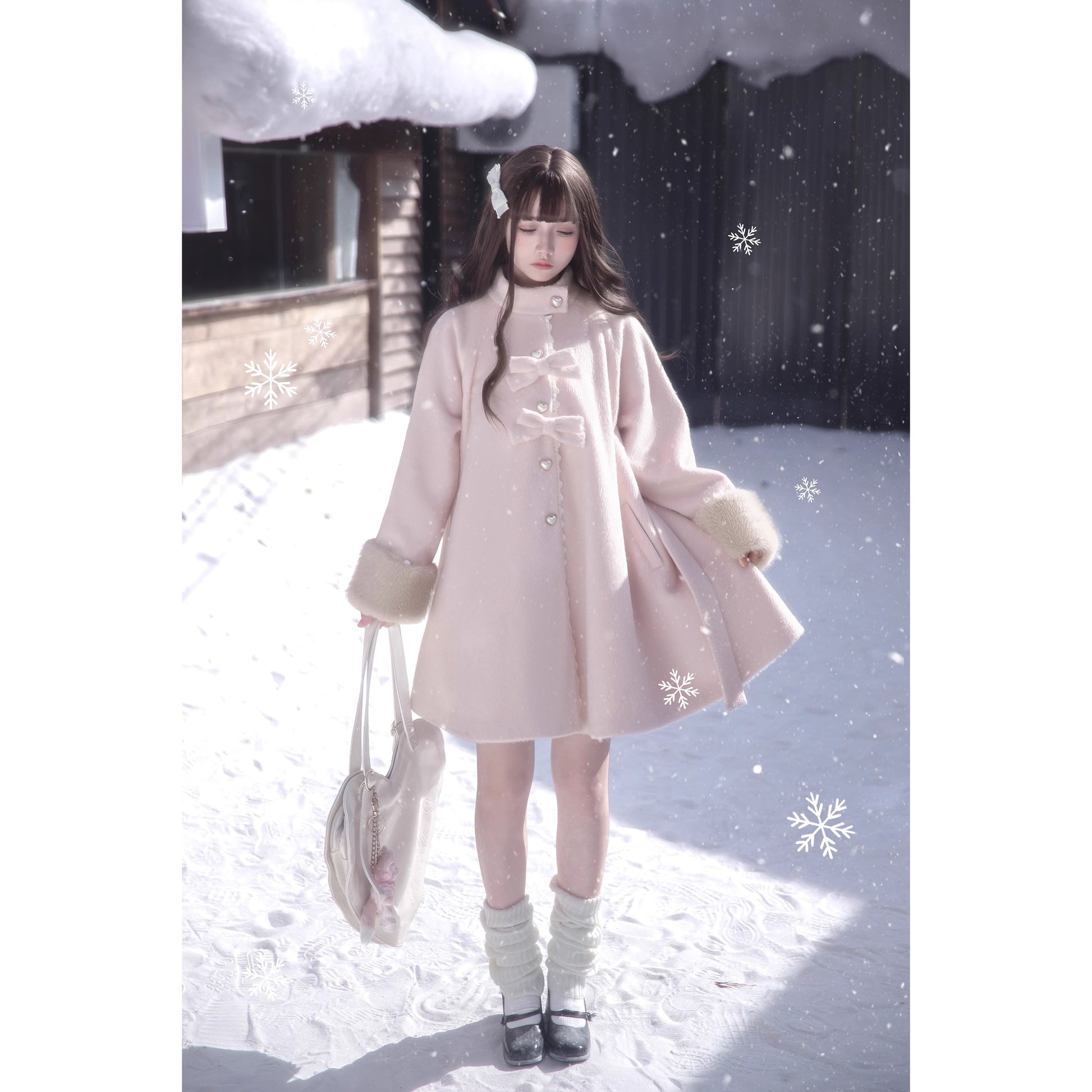 桜色のお嬢様のリボンファーウールコート