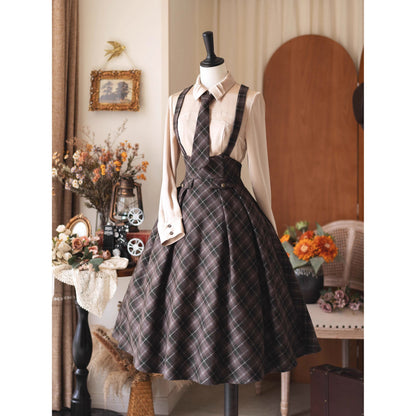 英国のお嬢様のクラシカルジャンパースカート - Olive Gray Checked