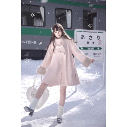 桜色のお嬢様のリボンファーウールコート