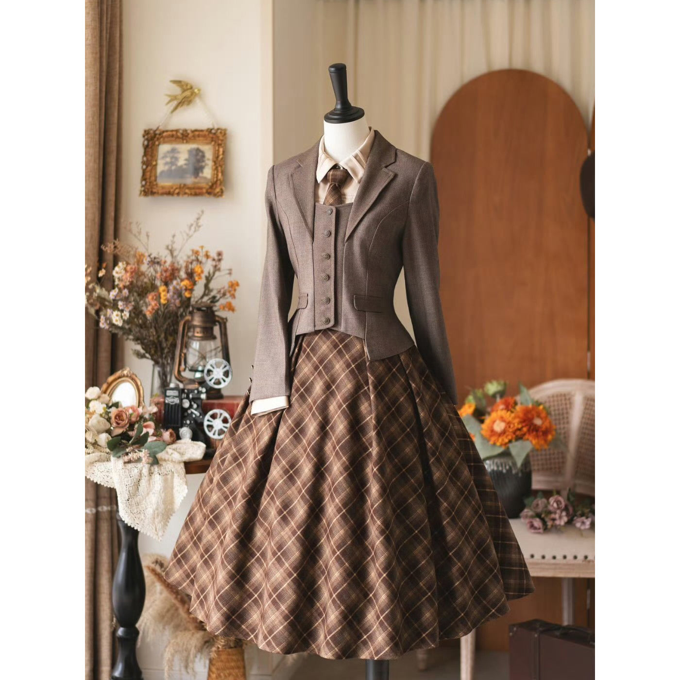 英国のお嬢様のクラシカルジャンパースカート - Brown Checked