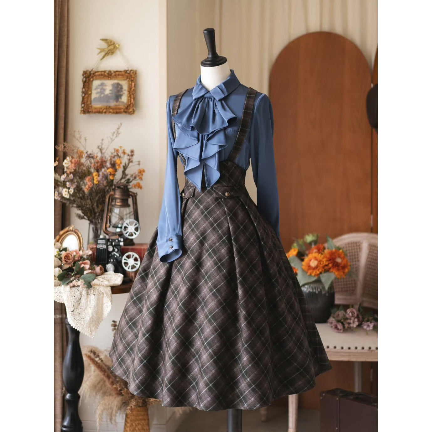 英国のお嬢様のクラシカルジャンパースカート - Olive Gray Checked