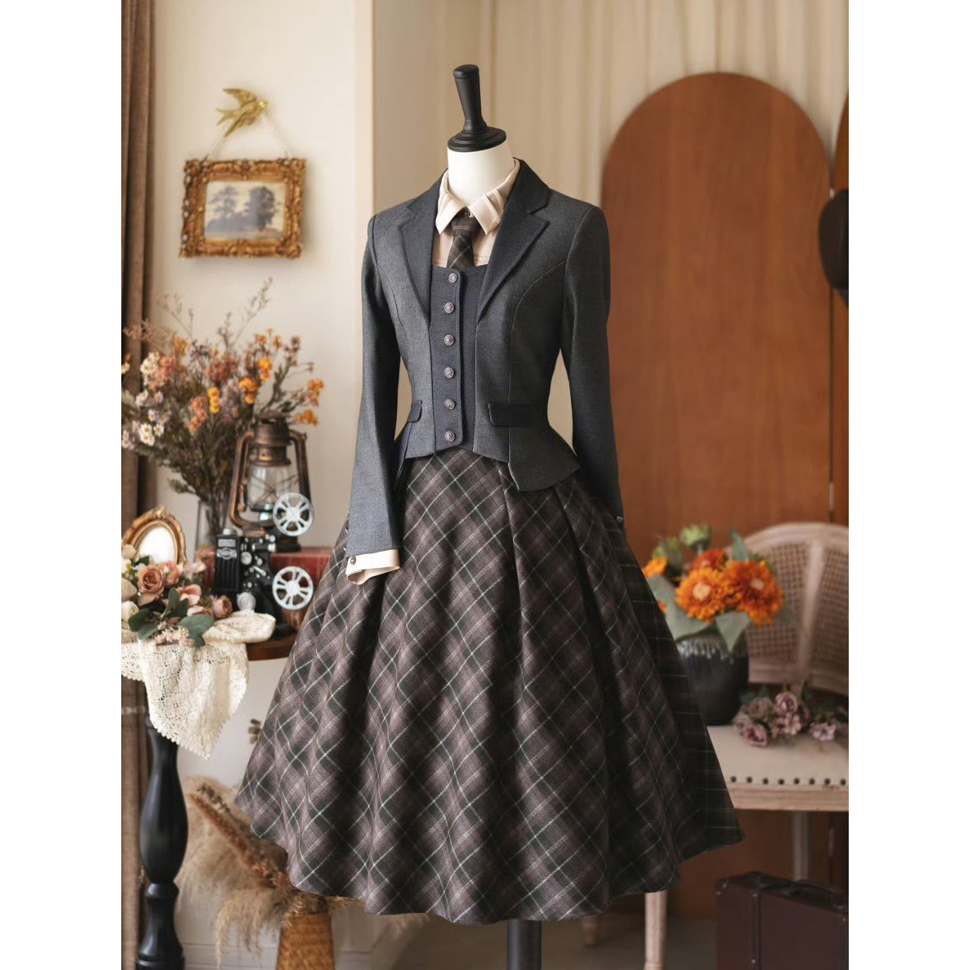 英国のお嬢様のクラシカルジャンパースカート - Olive Gray Checked