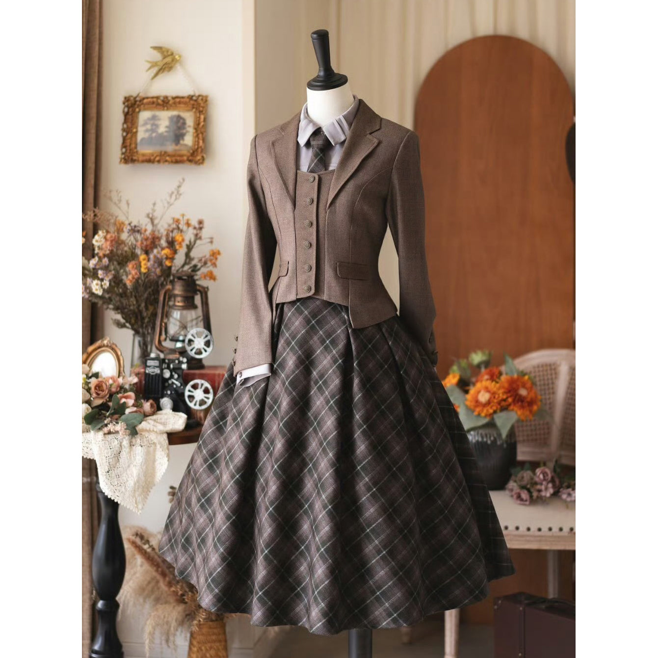 英国のお嬢様のクラシカルショートジャケット - Brown