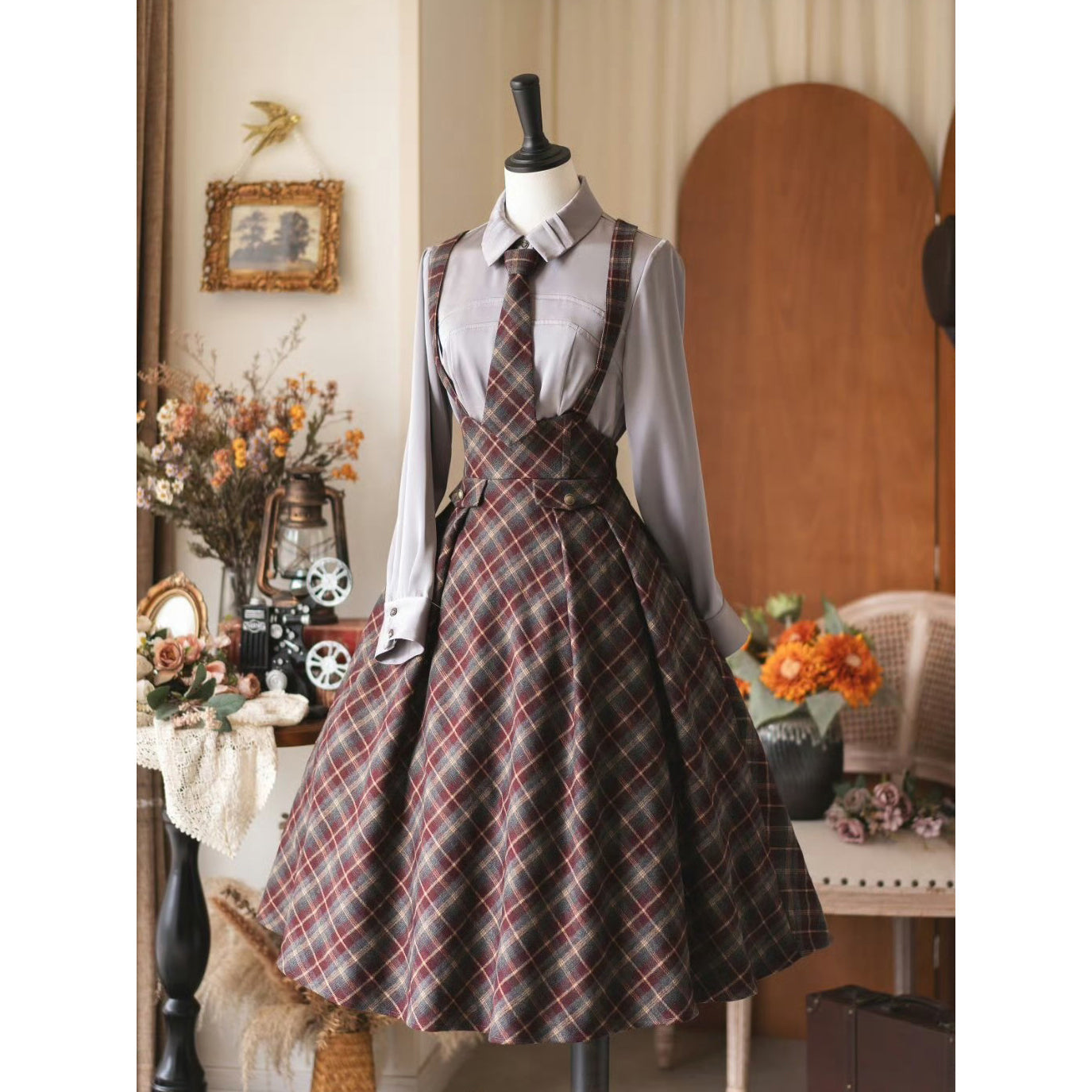 英国のお嬢様のクラシカルジャンパースカート - Burgundy Checked