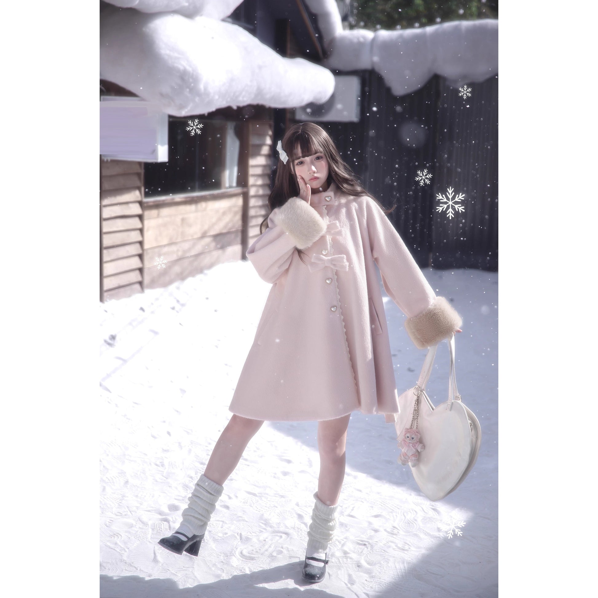 桜色のお嬢様のリボンファーウールコート