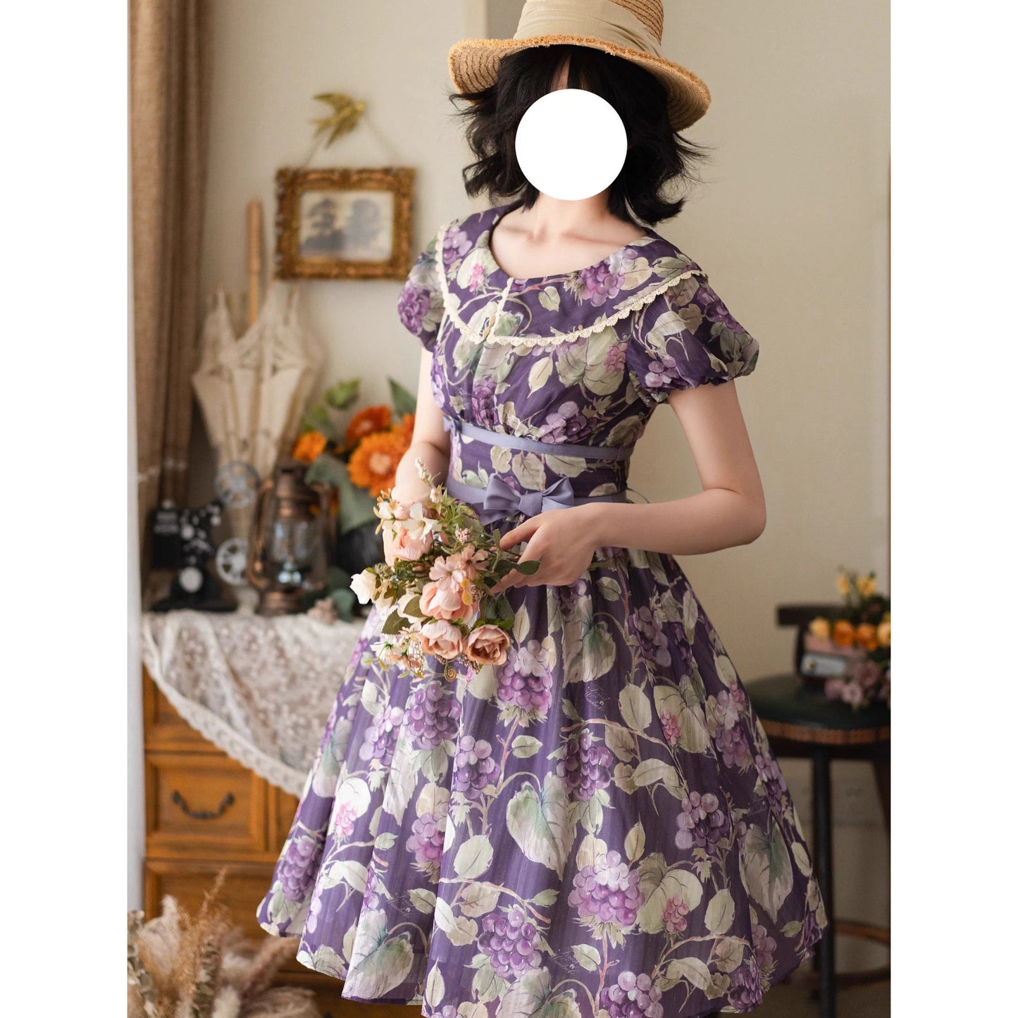 紫葡萄の水彩画コルセットワンピース - Purple