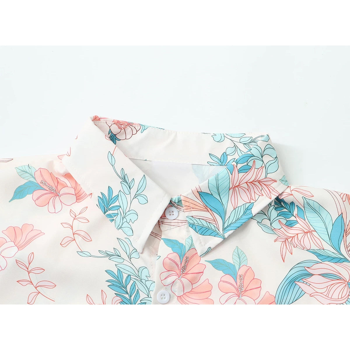 花と植物の挿絵シャツ - Light Blue / Flamingo Pink
