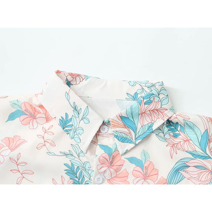 花と植物の挿絵シャツ - Light Blue / Flamingo Pink