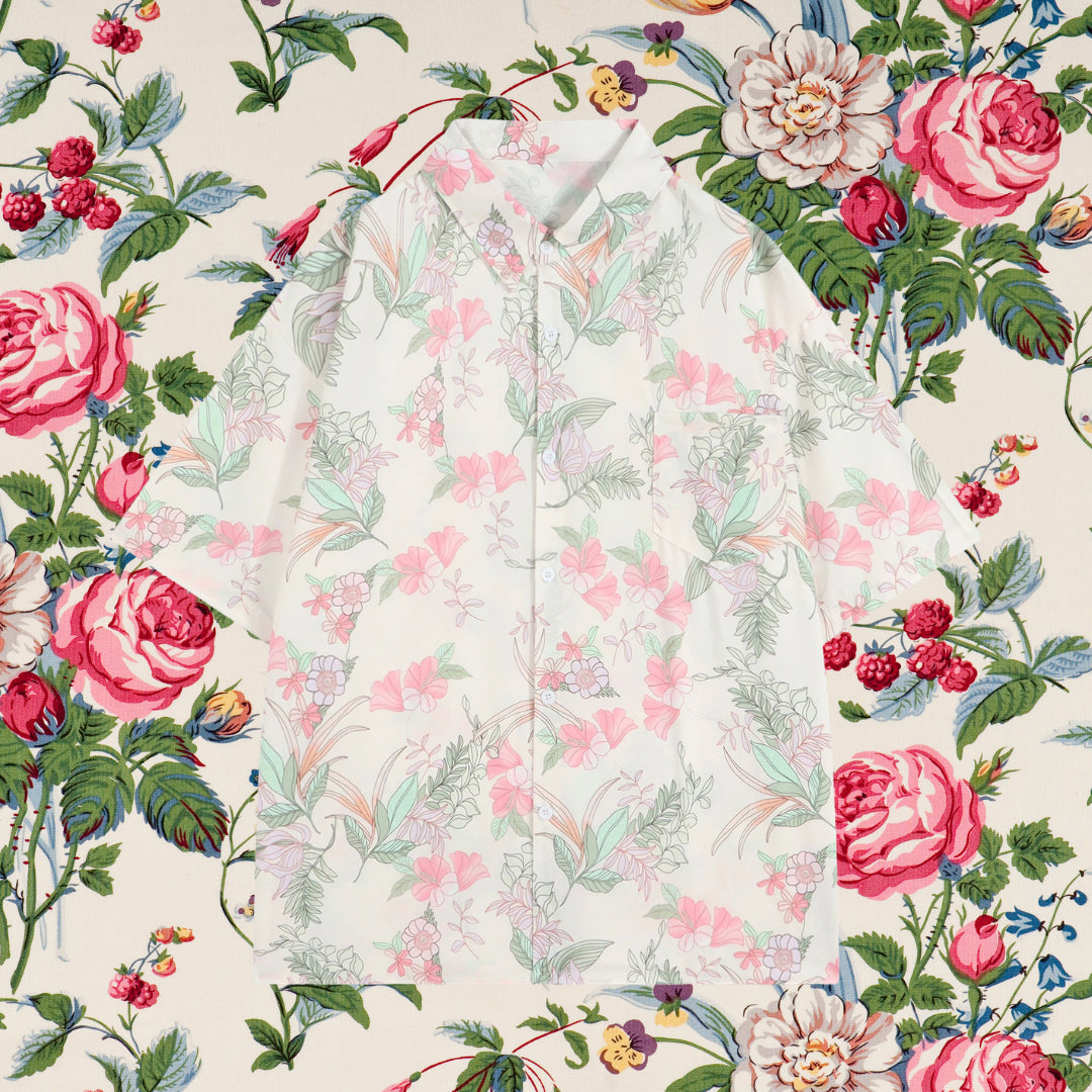 花と植物の挿絵シャツ - Pink / Mint Green