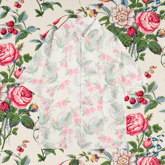 花と植物の挿絵シャツ - Pink / Mint Green