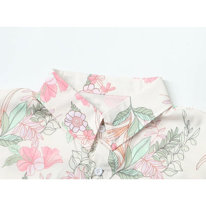 花と植物の挿絵シャツ - Pink / Mint Green
