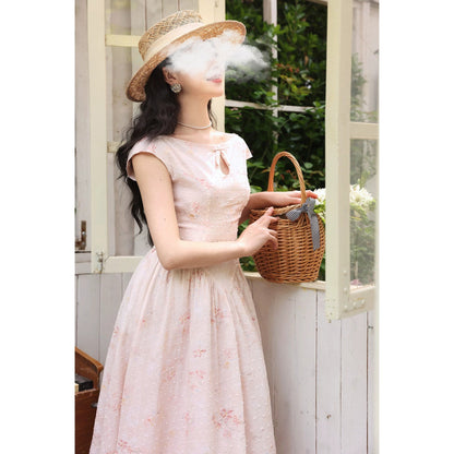 桜色の花絵画ヘップバーンワンピース