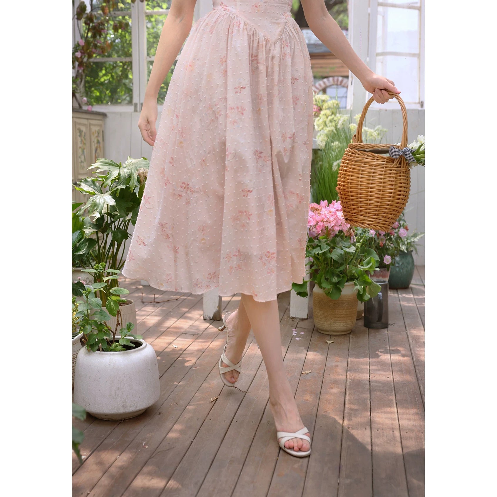 桜色の花絵画ヘップバーンワンピース