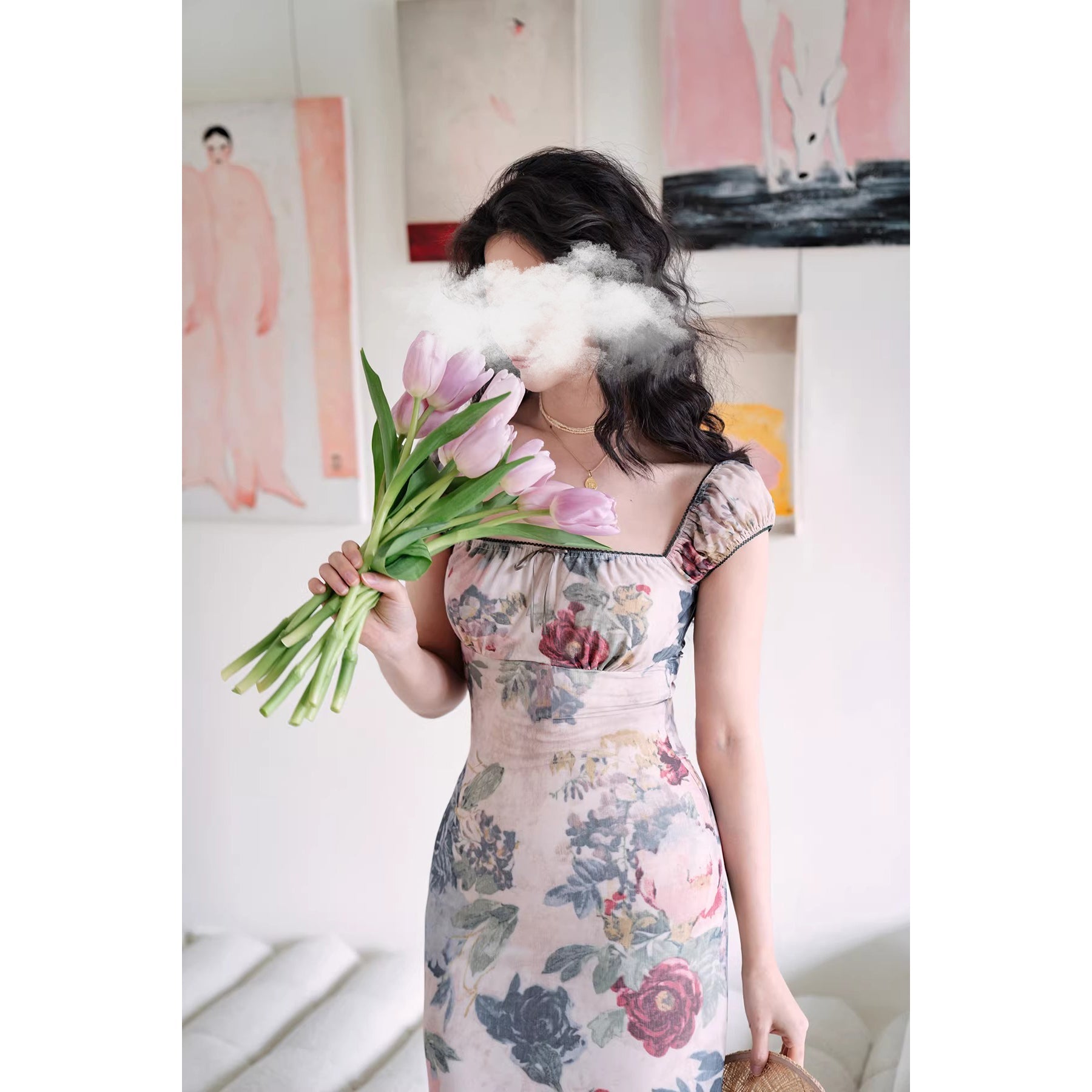 薔薇の油彩画レトロワンピース
