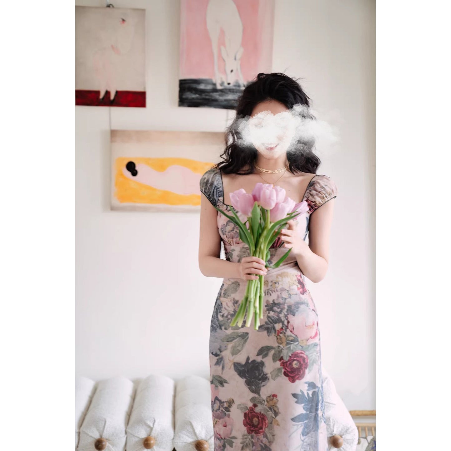 薔薇の油彩画レトロワンピース