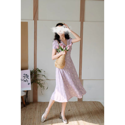 白藤の花模様レトロワンピース