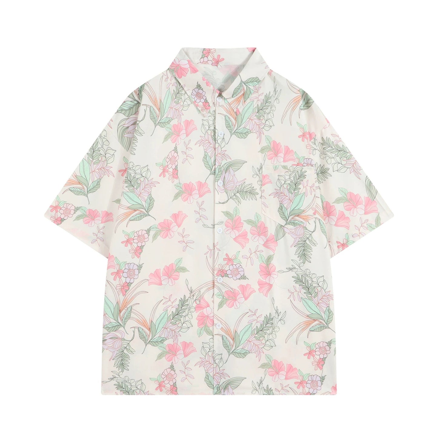 花と植物の挿絵シャツ - Pink / Mint Green