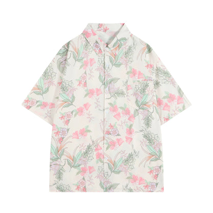 花と植物の挿絵シャツ - Pink / Mint Green