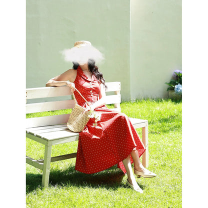 深紅の水玉柄ヘップバーンワンピース