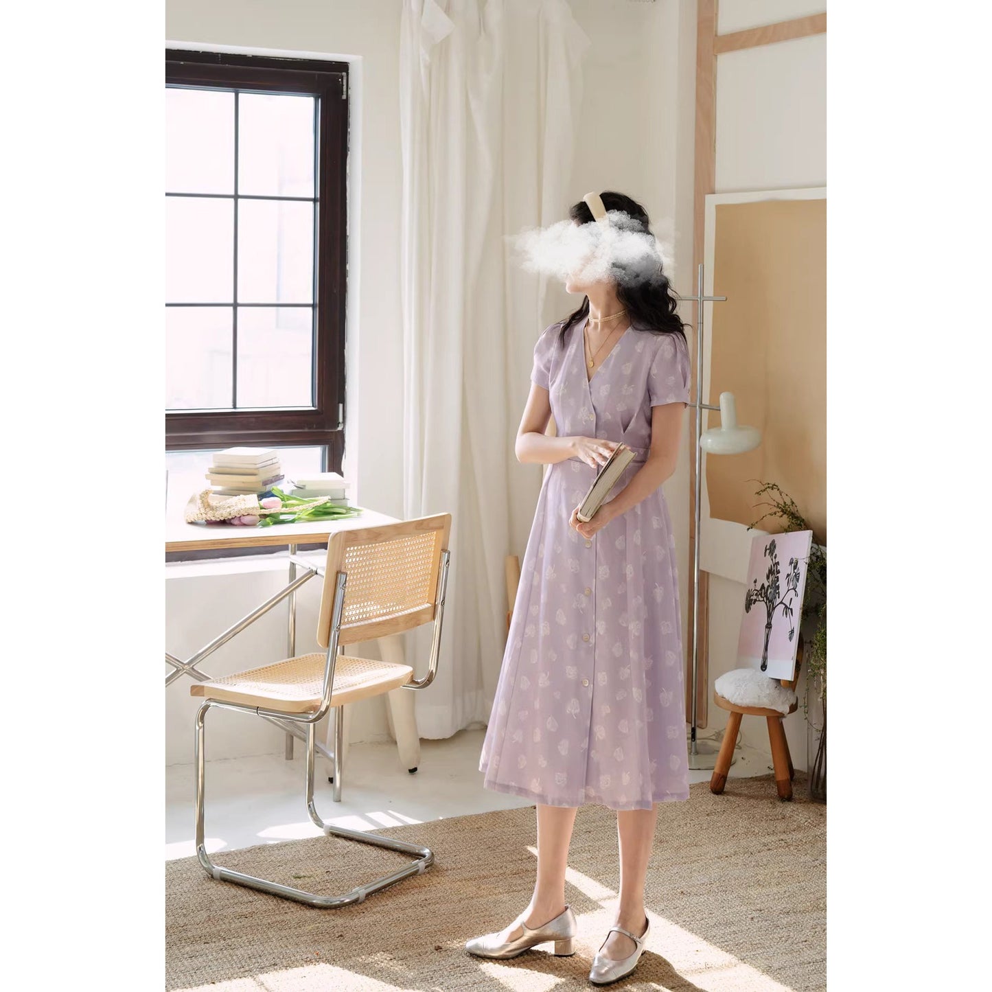 白藤の花模様レトロワンピース