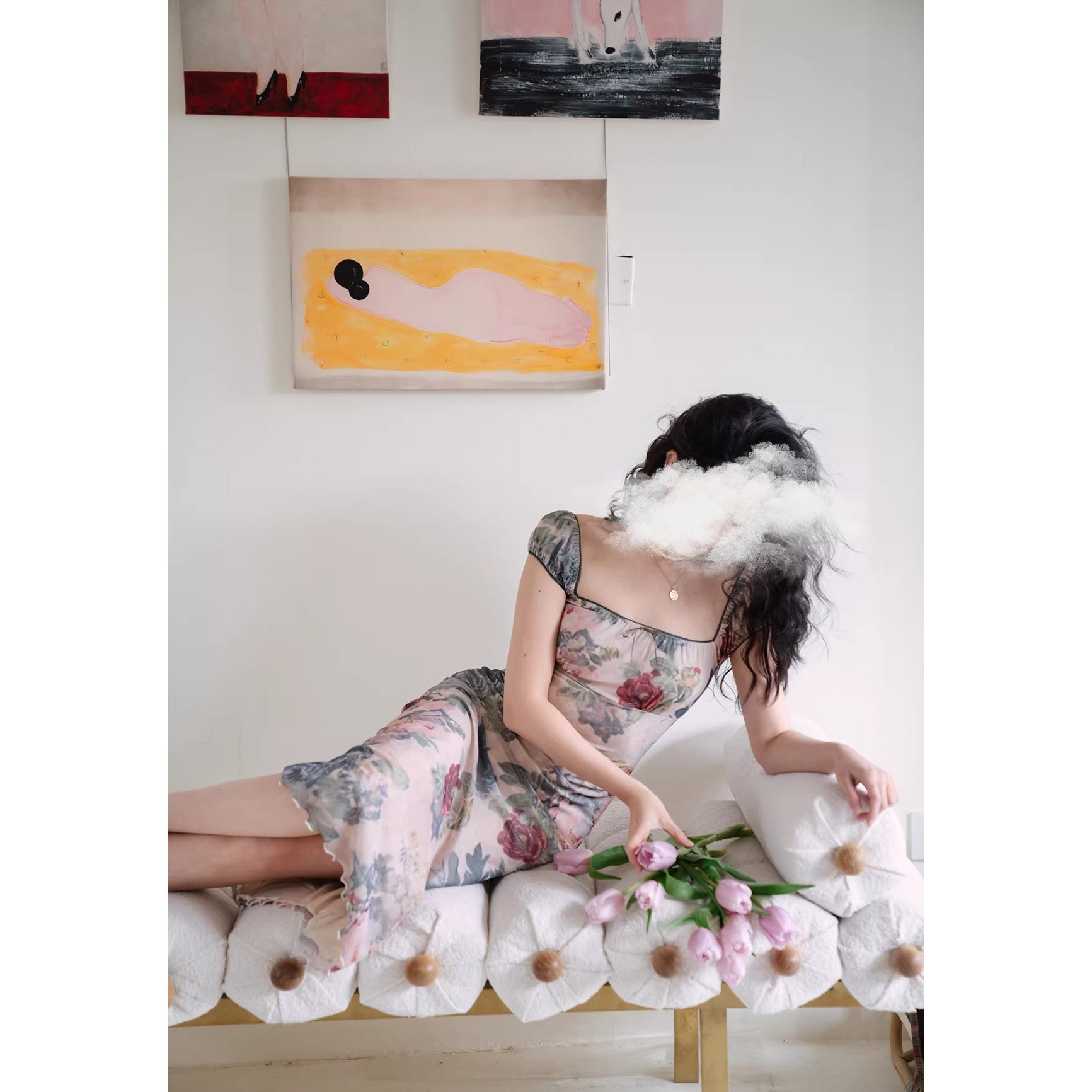 薔薇の油彩画レトロワンピース