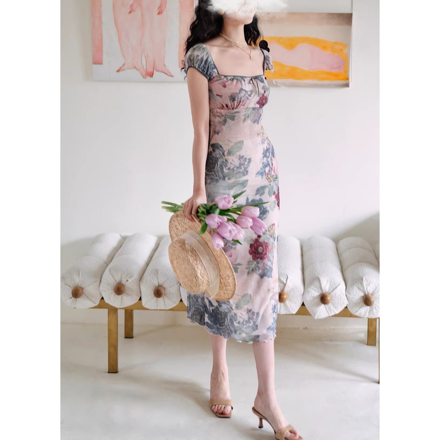 薔薇の油彩画レトロワンピース