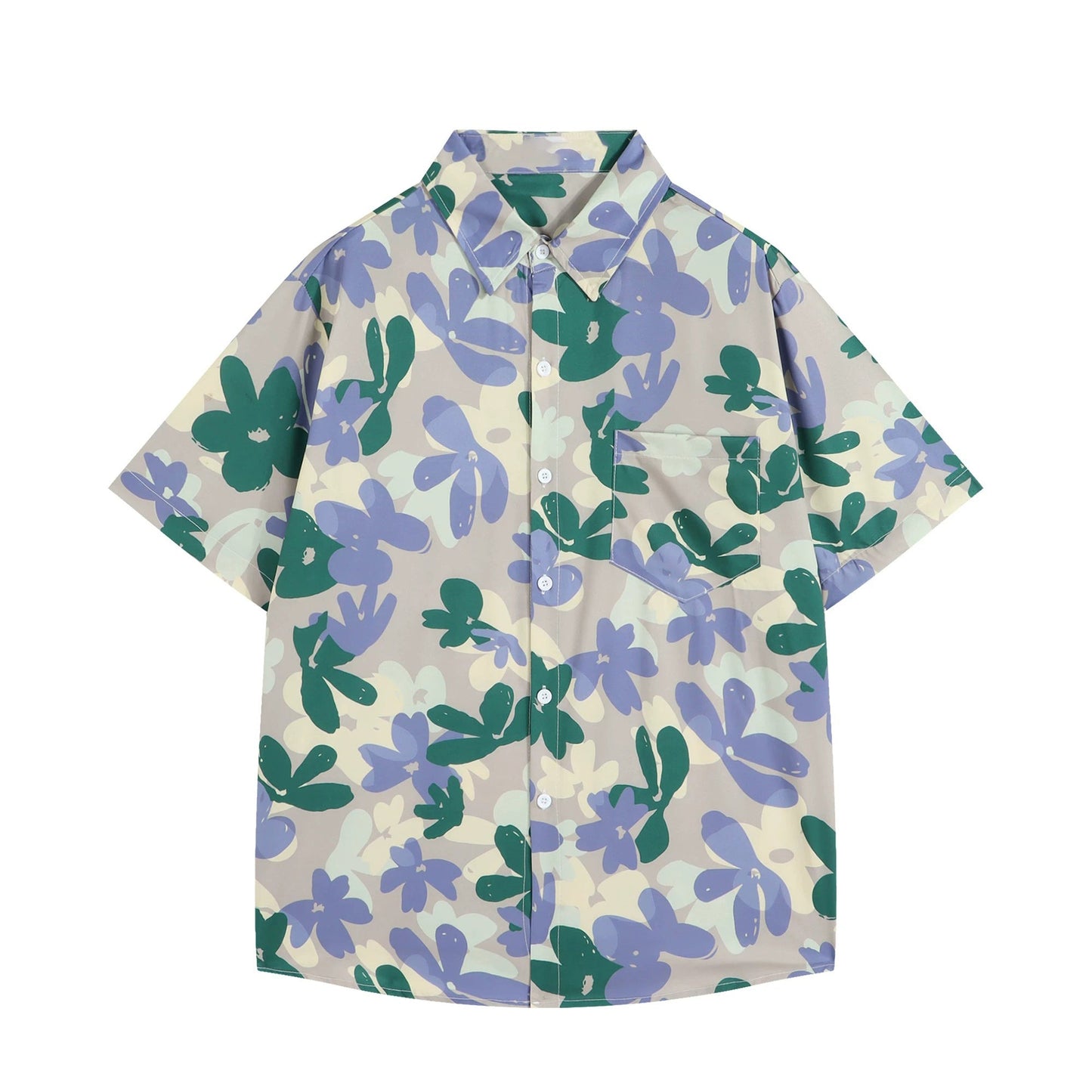 紫緑の花柄アートシャツ