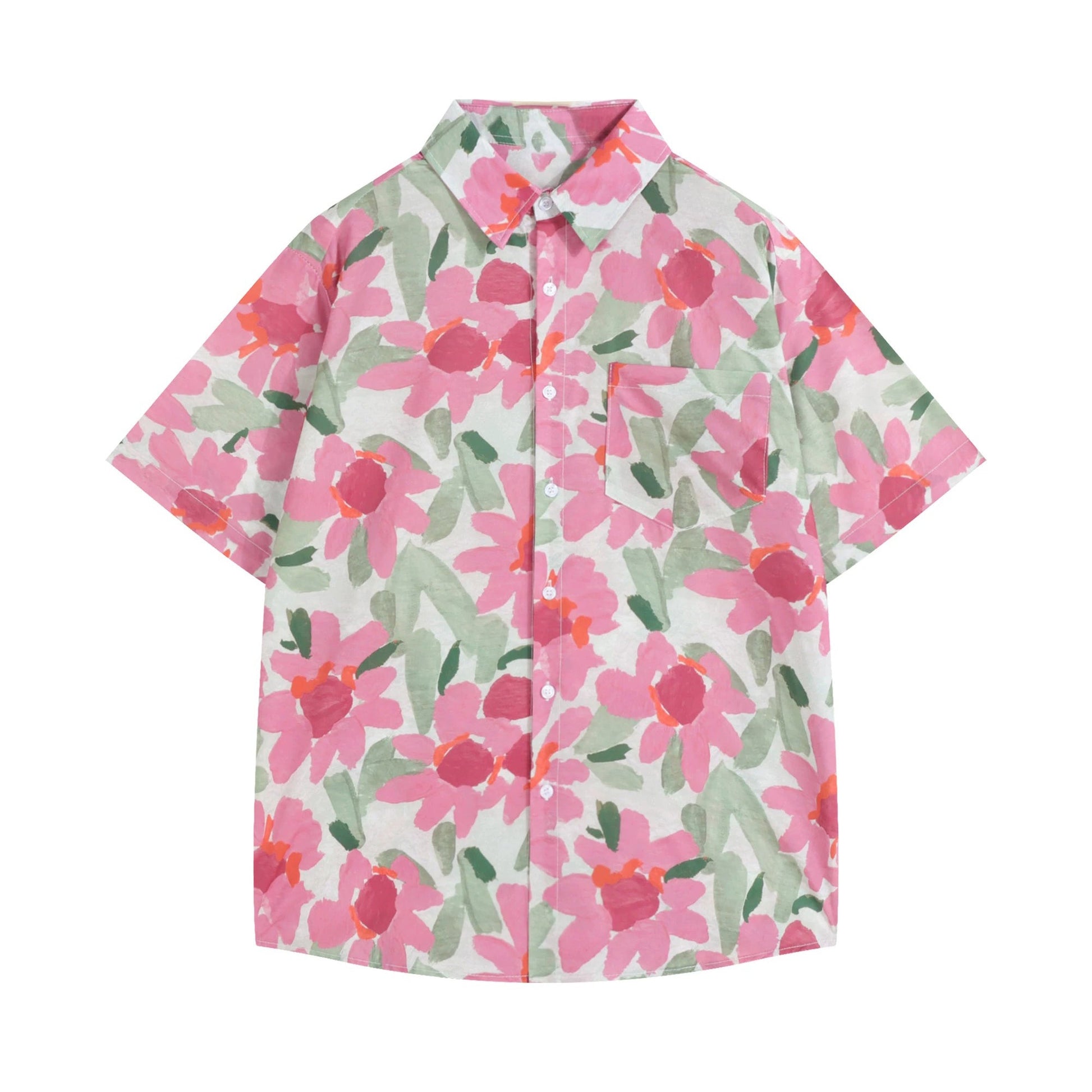 桃色の花柄アートシャツ