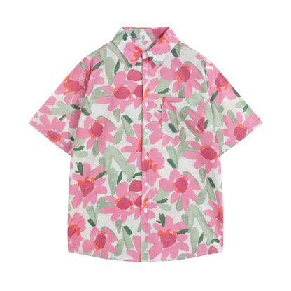 桃色の花柄アートシャツ