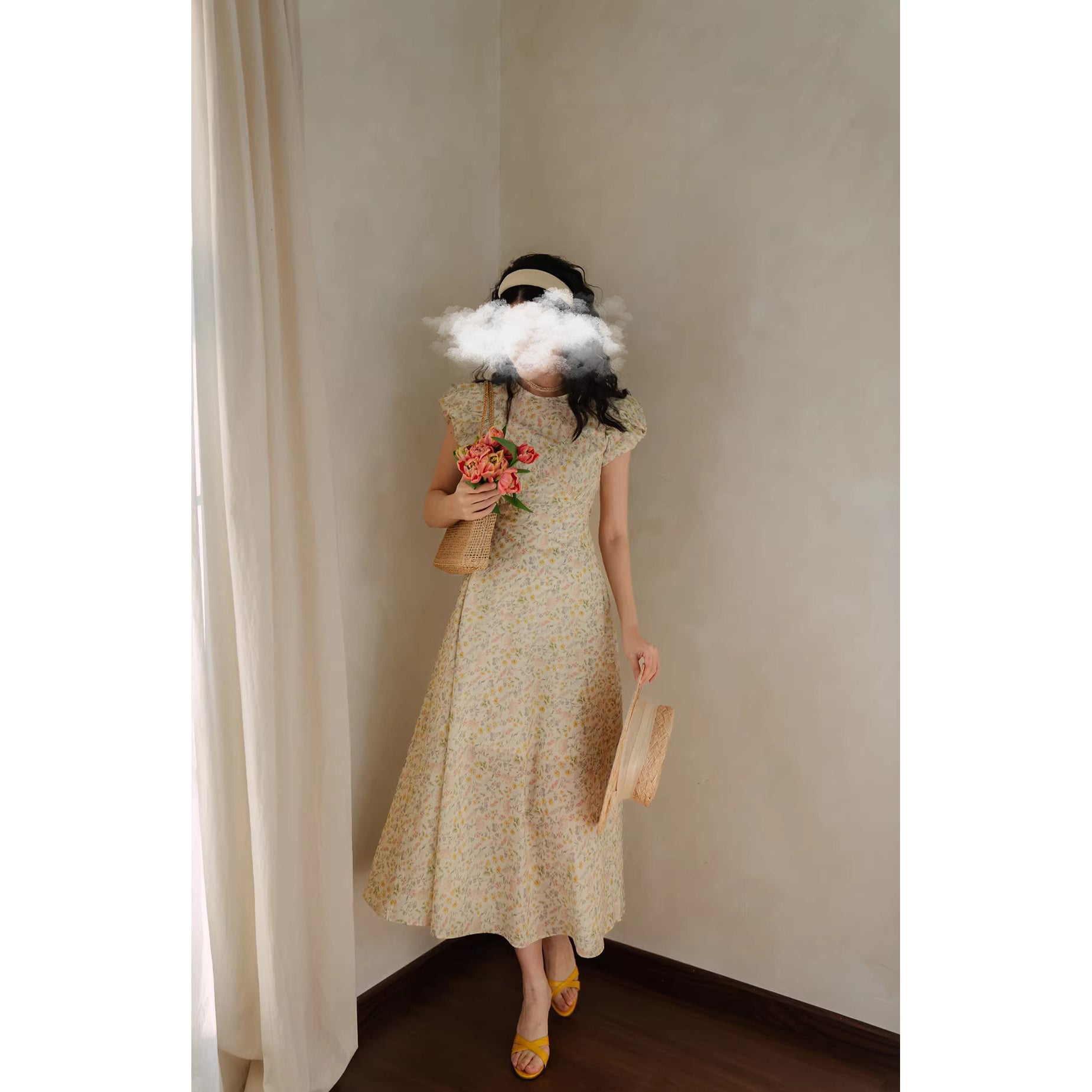 水彩の花群集レトロワンピース