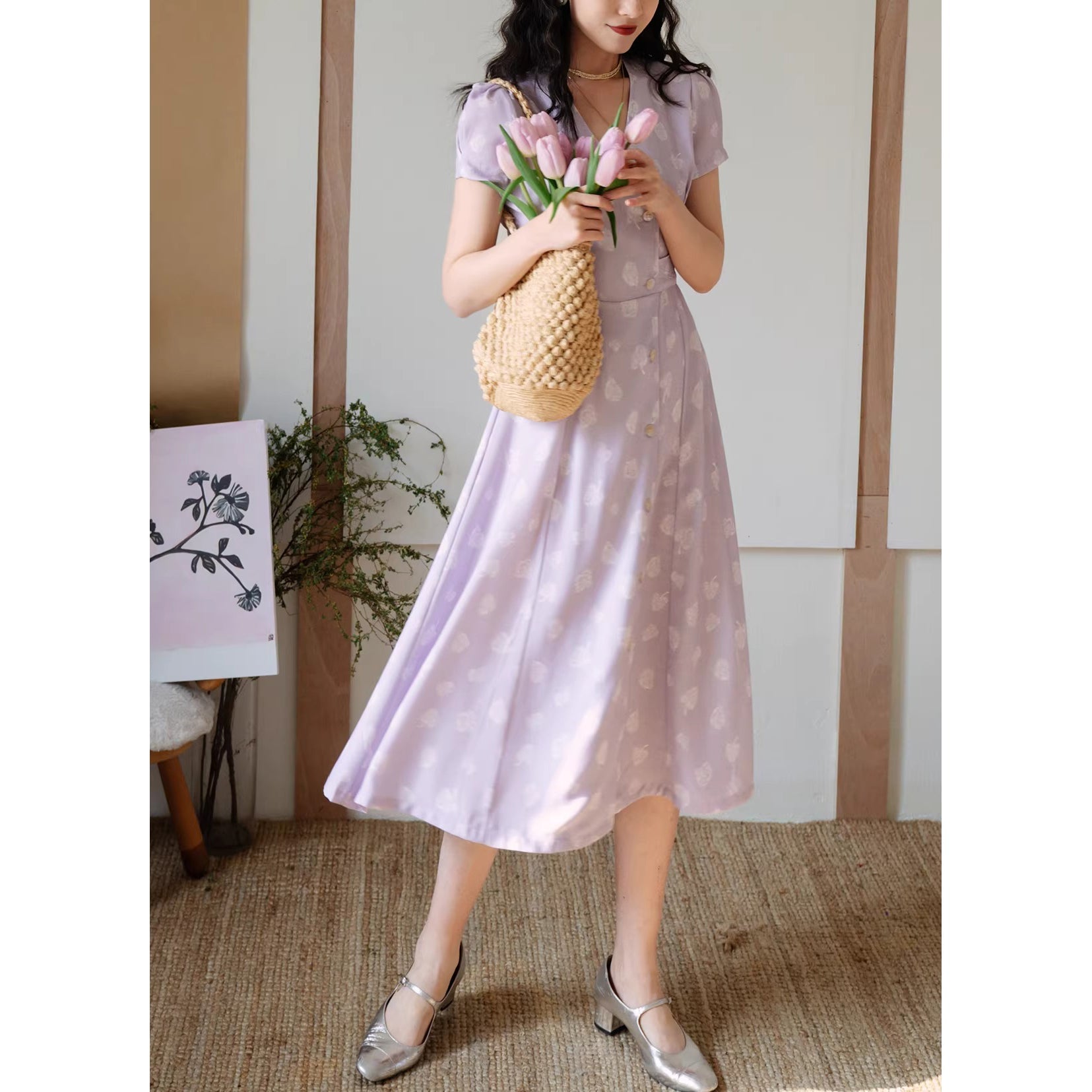 白藤の花模様レトロワンピース