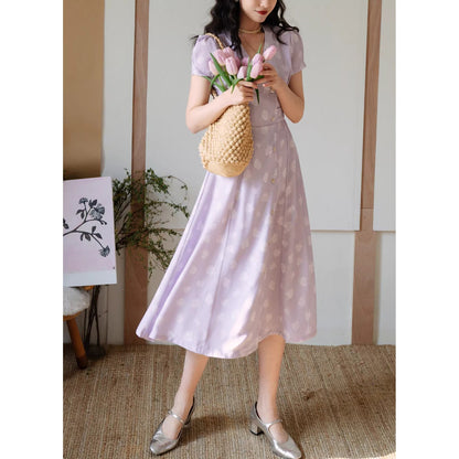 白藤の花模様レトロワンピース