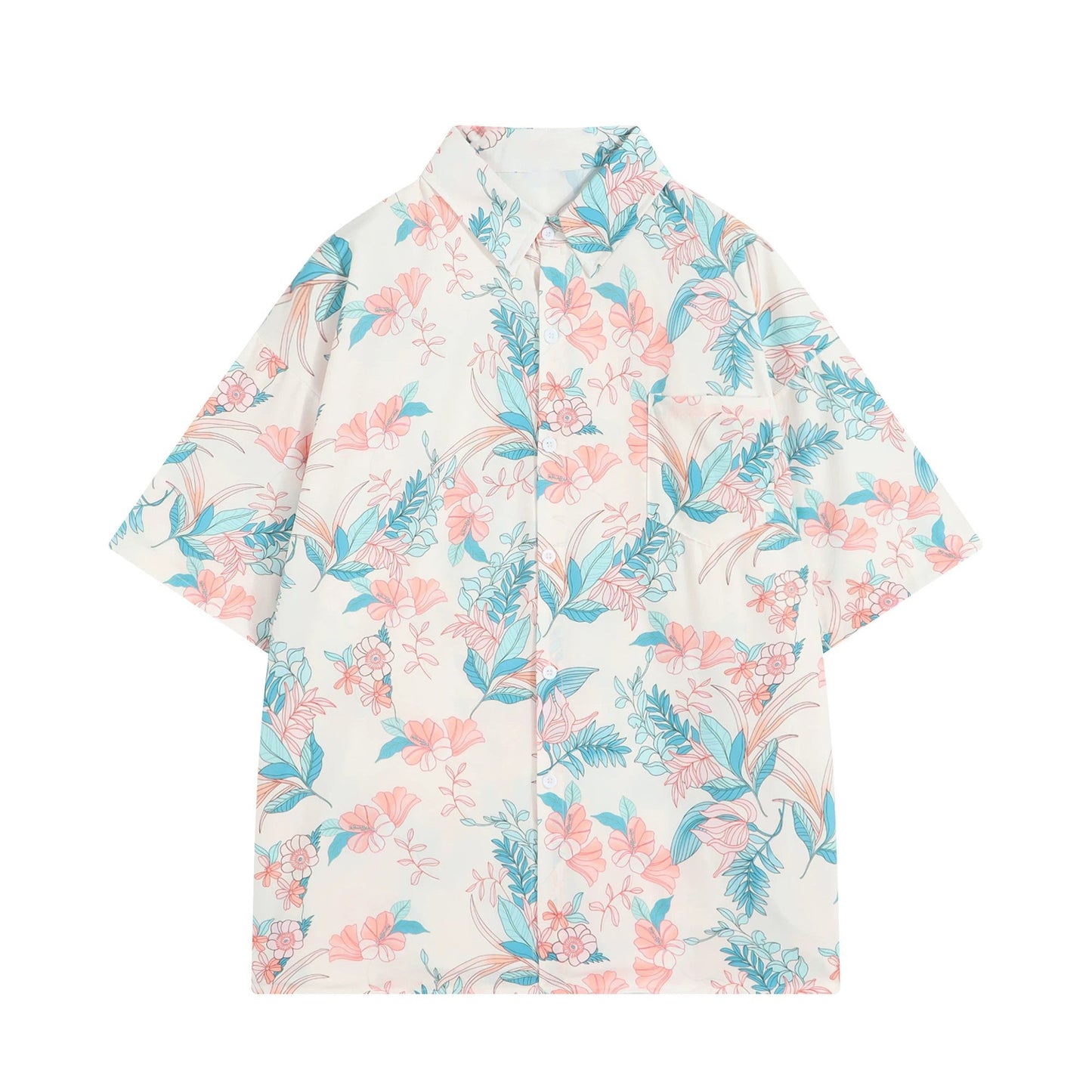 花と植物の挿絵シャツ - Light Blue / Flamingo Pink