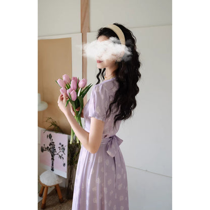 白藤の花模様レトロワンピース
